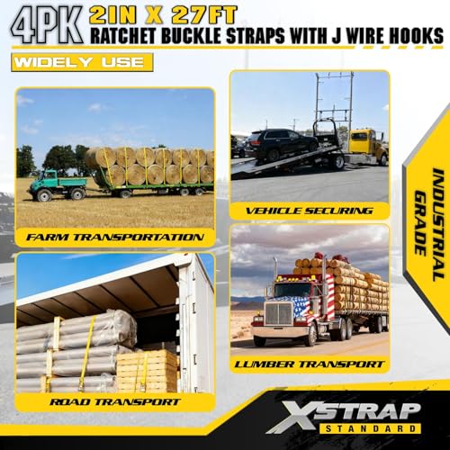 XSTRAP STANDARD 4 Pack 2" x 27' Industrial Tie Down Straps, Heavy Duty Ratchet Straps with Double J Hooks, 3333 LBS Working Load, 10000 LBS Break Strength, Long Handle Cargo Straps for Truck, Trailer by XSTRAP STANDARD - Image 7