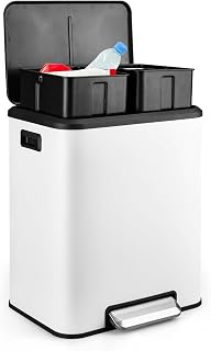 GAOMON Dual Trash Can, 2 x 4 Gal (2 x 15L) Stainless Steel Trash Can with Recycling Bin, Soft-Close Lid, Step-on Garbage Bin - with Removable Plastic Inner Buckets, White