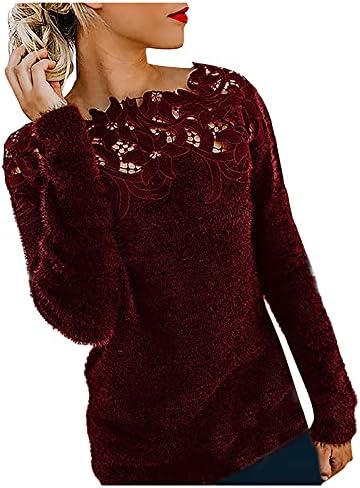 Fall Outfit,Women's Fashion Casual Solid Color Lace Stitching One-neck Lace Long-sleeved Sweater Sweaters for Women