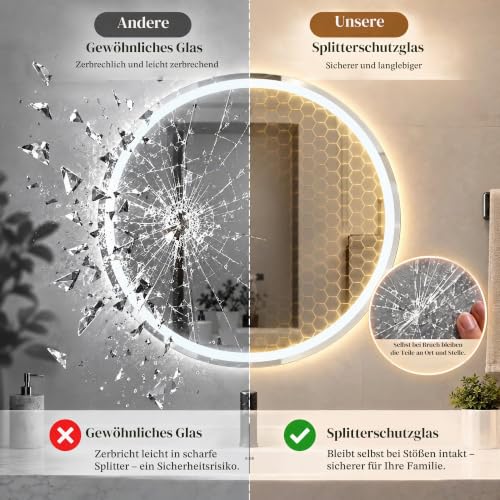 Clevich Runder Badspiegel mit Beleuchtung 80 cm, LED Wandspiegel – Ansicht 6