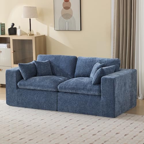 Image of 83''Cloud Boneless Sectional Couch, Modular Sectional Sofa Deep Seat, Upholstered Convertible Comfy Loveseat Chenille Memory Foam Sofa Couches for Living Room, Blue