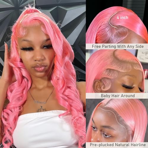 Image of Pink Human Hair Wig Straight Wig 24 Inch Human Hair Wig 200% Density | 13x4 UHD Lace Front Human Hair Wigs Pre Plucked Pre Cut Light Pink Wig 100% Virgin Human Hair Glueless Straight Wig For Women