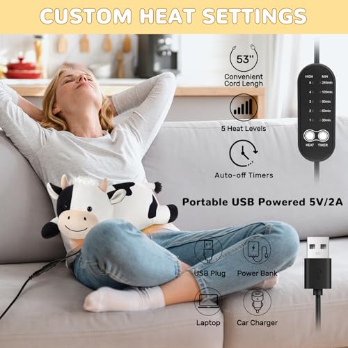 Image of Cow Heating Pad for Period Cramps Menstrual Pain Relief, Portable Electric Heat Pads USB Powered, Cute Stuff Cow Plush Heated Stuffed Animals Gift, Gifts for Women Teen Girls Birthday Christmas Easter