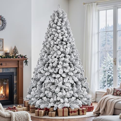 Image of SHareconn 9ft Snow Flocked Spruce Pre-lit Artificial Christmas Tree, White | 550 Warm White Incandescent Lights, 1810 Branch Tips, Foldable Metal Stand, Full Snow Flocked Xmas Tree for Holiday Decor