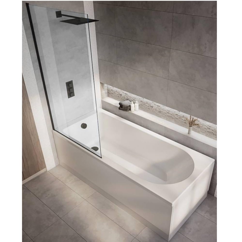 Milano Ballam White 1700mm x 700mm Single Ended Round Shower Bath Black Screen Panels