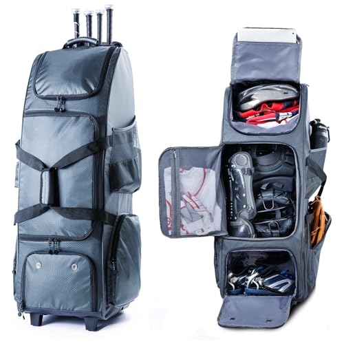 VIGEGARI Upgraded Rolling Baseball Bag with Sturdy Hard Backing - Large Softball Bag with Wheels for 4 Bats, Large Team Equipment Duffle Bat Bag, Catcher Gear Bag for Boys 8-12, Youth, Adults