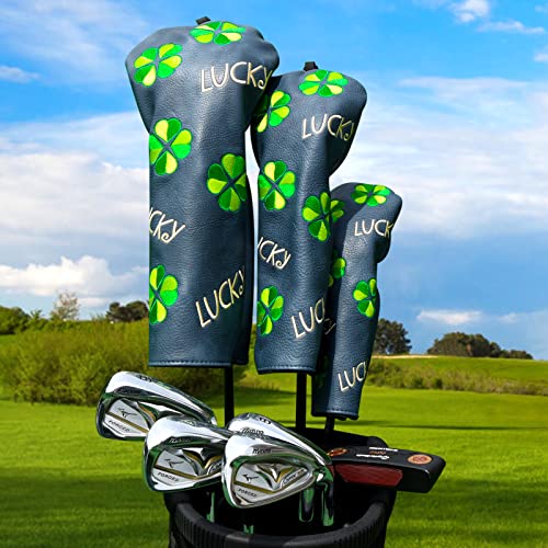Golf Club Head Covers Lucky Clover Embroidery, Pu Leather Golf Headcovers, For Driver Fairway Wood Hybrid With Interchangeable Tags(Driver) #TOP6