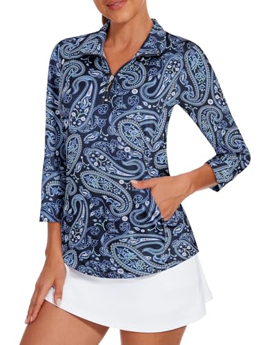 Viracy Long Sleeve Golf Shirts Women,Active Sport Shirt Quick Dry Casual Golf Polo Tops Stretchy 3/4 Sleeve Polyester Tennis Tees Breathable Cool Lapel Collar Workout Plaisley Blue XXL