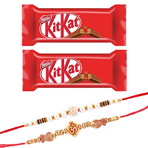 Image of SFU E Com Nestle 2 Kitkat with Set of 2 Rakhi | Rakhi Chocolate Gift Hamper | Rakhi with Chocolates| Roli, Chawal, Chandan, Misri | 21