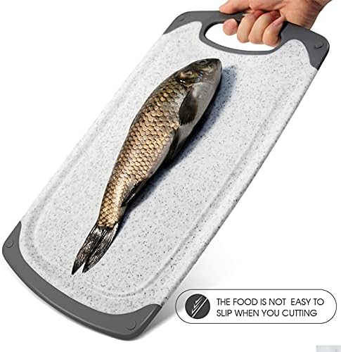 MASTERTOP Chopping Board Set, 3 Pcs Kitchen Cutting Board with Non-Slip Feet and Juice Groove, Plastic Cutting Boards, BPA Free, Dishwasher Safe, Comes with 1 Stainless Steel Knife, Gray