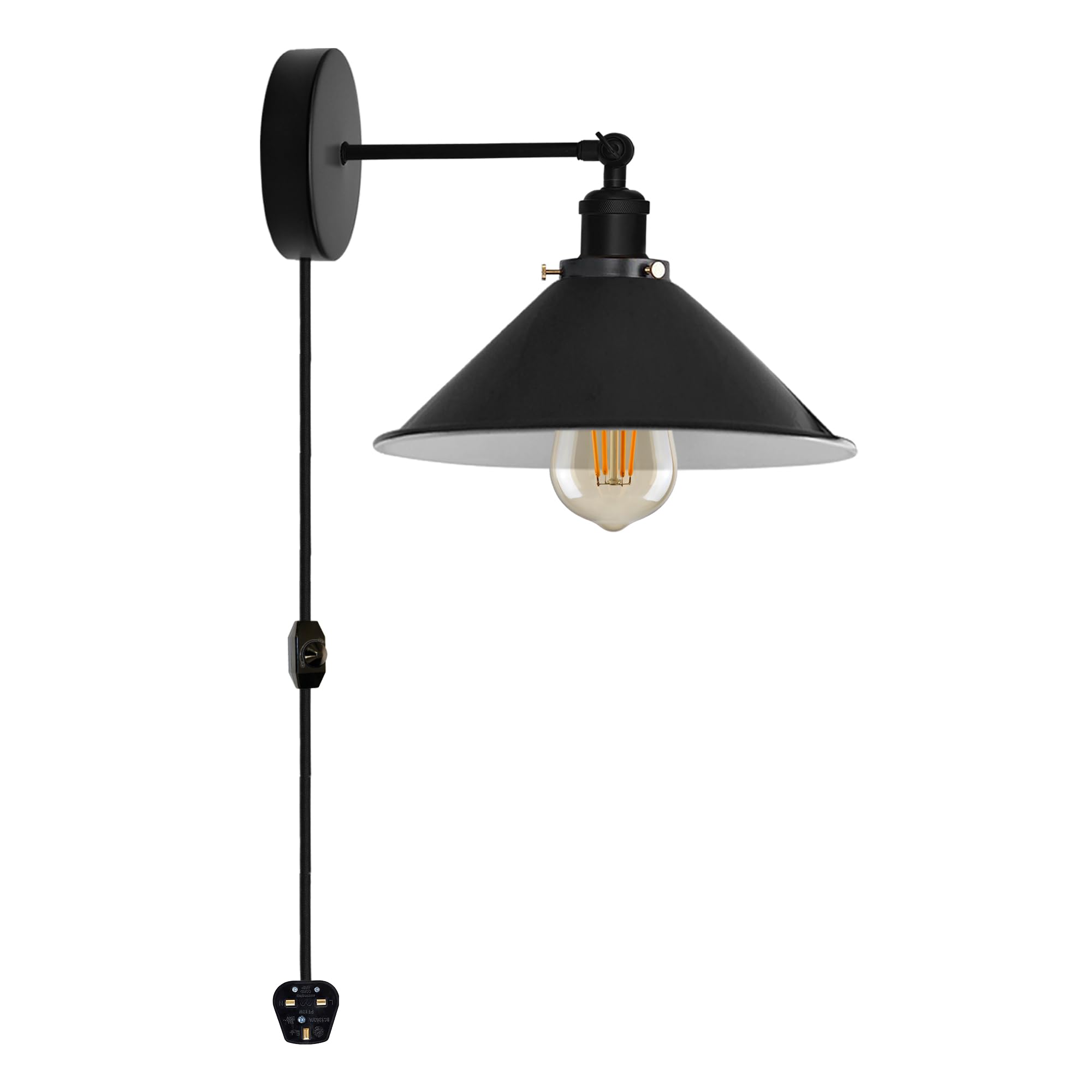 DC VOLTAGE Plug in Wall Lights E27 Wall Lamp with Switch and Cable Wall Lighting Fixtures Rotatable Wall Sconce Adjustable Wall Mounted Lights for Living Room Black Inner White with Bulb