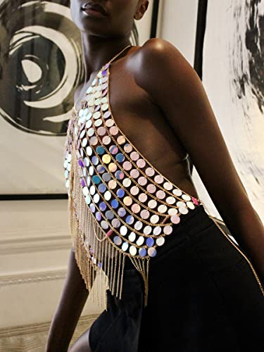 Women's Sexy Body Chain Bra Top Acrylic Sequins Chain Backless Halter Top Body Jewelry Going Out Party Chain Tops (Colorful-A) #TOP2