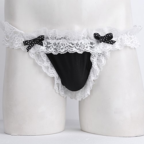 MSemis Men Sissy Pouch Lace Frilly Panties Low Rise Bikini Briefs Underwear Crossdress Lingerie Black Large (Waist 30.0"-55.0")
