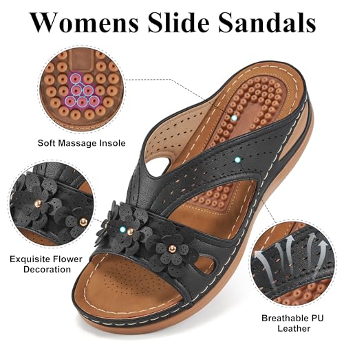 Ecetana Womens Sandals Dressy Summer Comfortable Slides with Flowers Casual Non Slip Platform Lightweight Wedge Shoes3