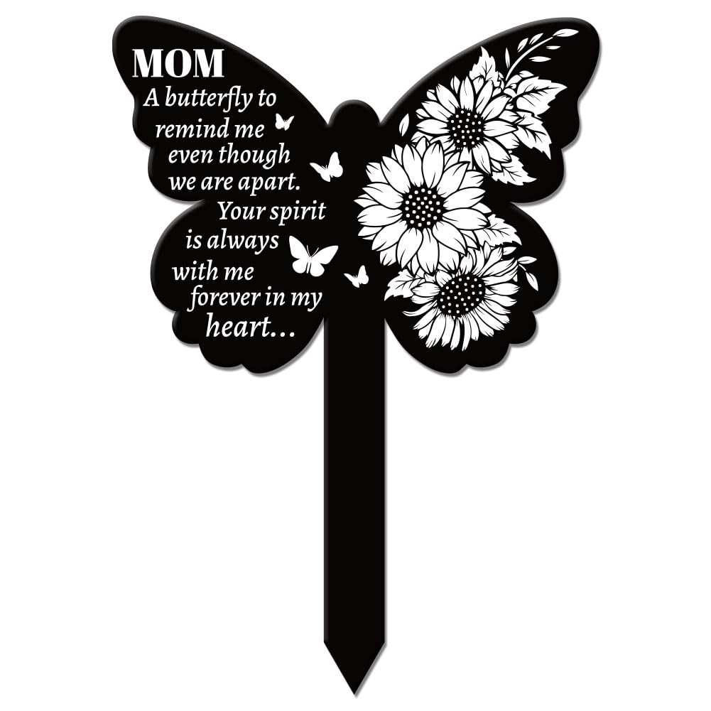 GLOBLELAND Butterfly Shaped Sunflower Garden Stake Memorial Mother Remembrance Plaque Stakes for Cemetery Acrylic Waterproof Sympathy Grave Stake for Yard Grave Cemetery