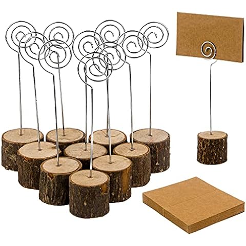 20 Pcs Rustic Wood Place Card Holders with Swirl Wire and 30 Pcs Kraft Place Cards, Wooden Table Number Holder Stand Photo Picture Note Clip Holders for Wedding Party Name Sign Cover