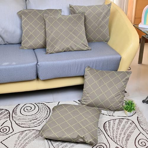 Image of Divine Casa Decorative Cushion Cover Set of 5 Light Brown | Velvet Feel Polyester Cushion Covers 16x16 Inch | Sofa Cushion Covers with Golden Lace Border | Modern Cushion Covers