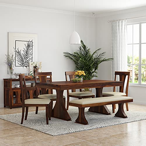 Winntage Sheesham Wood 6 Seater Dining Table with 4 Cushion Chairs 1 Bench Wooden Six Seater Dining Set Furniture for Home Living Room Hall Hotels Restaurants (Teak Finish)