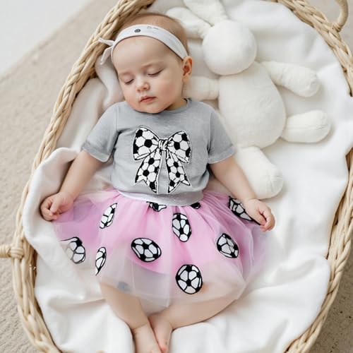 Kayotuas Toddler Girl Summer Clothes Baseball Outfit Fuzzy Baseball/Football Bow Embroidery T-shirt Tulle Skirt 2 Piece Sets2