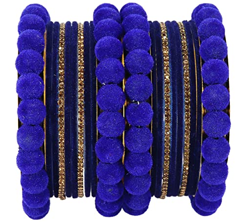 Image of NMII Stylish Metal with Golden Zircon Stone & Velvet Balls Bangles Set For Women and Girls | Fancy Designer Bangles | Short Velvet Chuda Set | Women's Fashion Jewellery