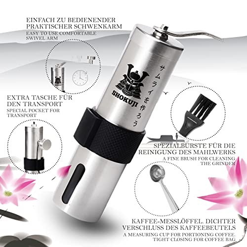 SHOKUJI Manuelle Edelstahl-Kaffeemühle - Grinder/Handmühle mit stufenlos verstellbarem Keramik-Mahlwerk, viel Zubehör… – Bild 4
