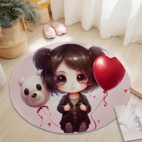 Genérico Alfombras Redondas con Dibujo Animado Niña Linda Globos, Rosa Lavable Antideslizante Alfombra Redonda de 90 cm, Alfombras Pelo Corto Franela para Cocina Habitacion Oficina