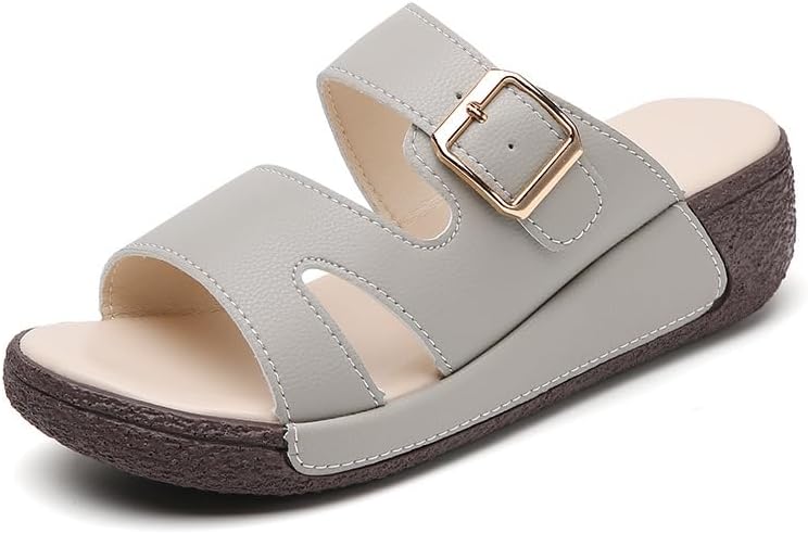 Women's Summer Slip On Sandals with Thick Cushioned Sole - Soft PU Cover Upper & Non-Slip Durable Outsole, Open-Toe Mid-Heel Comfort for Home, Office, Trave