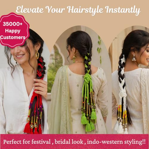 Image of Zippy Flora Neelima Parandi (Parrot Green) | Traditional Boho Handmade Paranda Hair Accessory with Braid Tassels | Women's Ethnic Hair Extension for Choti, Braids & Patiala Shahi Hairstyles