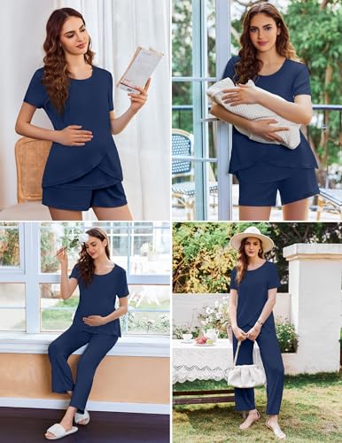Image of Ekouaer 3 PCS Maternity Nursing Pajamas Set Postpartum Breastfeeding Short Sleeve Shirts, Pregnancy Shorts & Pants Pjs S-XXL