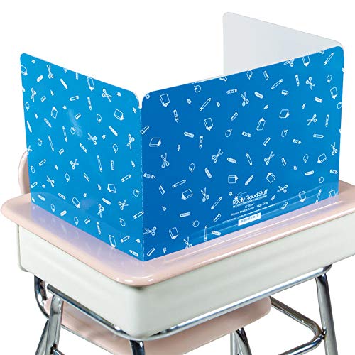 Exclusive Really Good Stuff Standard Privacy Shields for Student Desks – Set of 12 - Matte - Study Carrel Reduces Distractions - Keep Eyes from Wandering During Tests, Blue with School Supplies Pattern