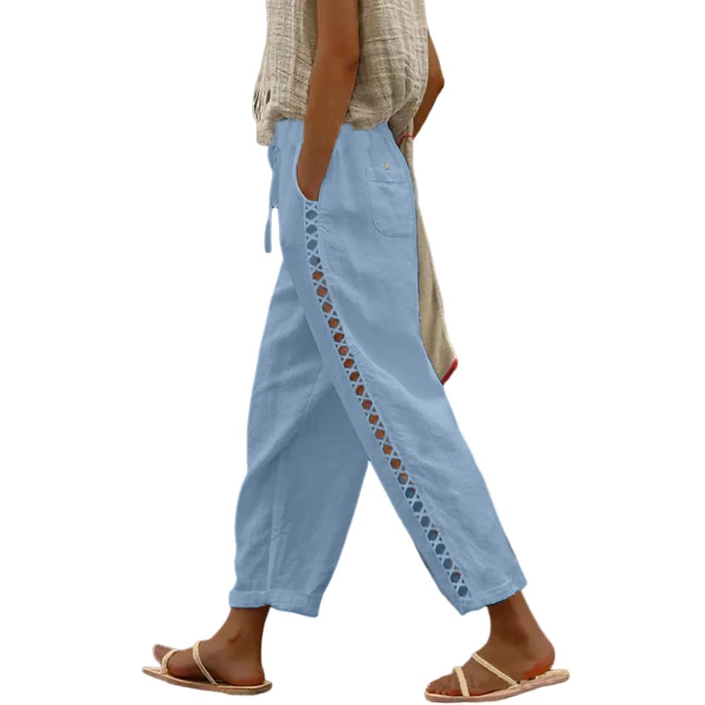Summer Cotton Linen Pants for Womens Fashion Casual Lace Stitching Trousers Solid Color Drawstring Beach Pants
