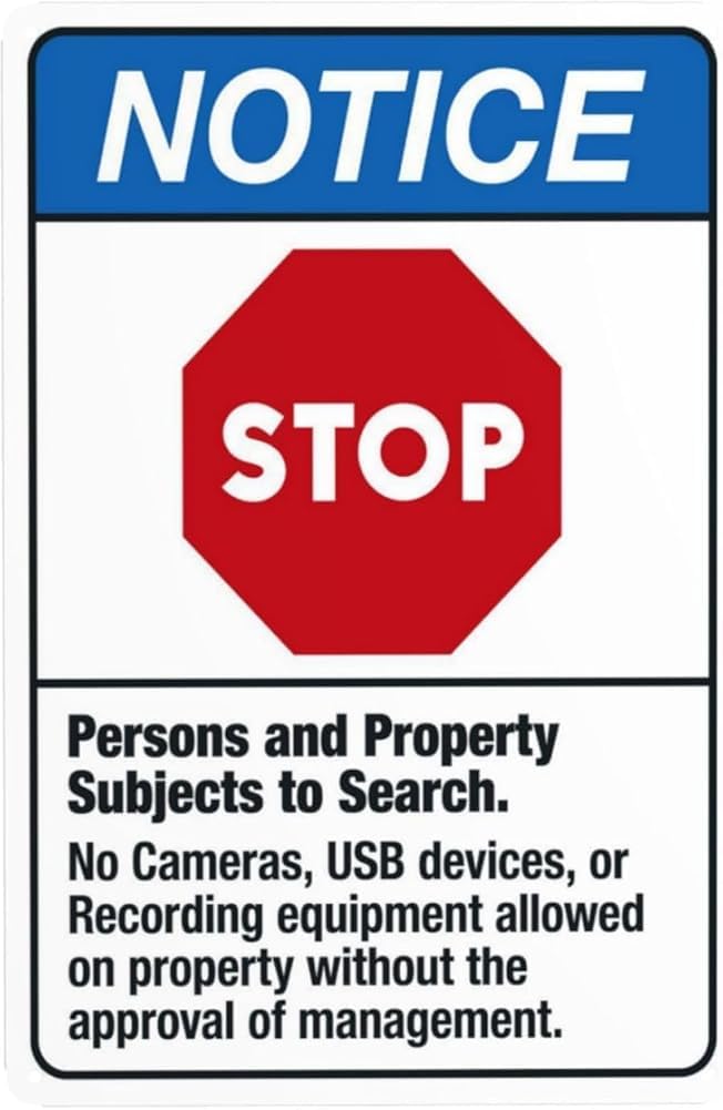 Persons And Property Subjects To Search No Cameras Warning Sign Security Entrance Metal Signs For Business Home Outdoor Indoor Street Wall Safety Caution Decor Gift For Women Men 8x12 Inch