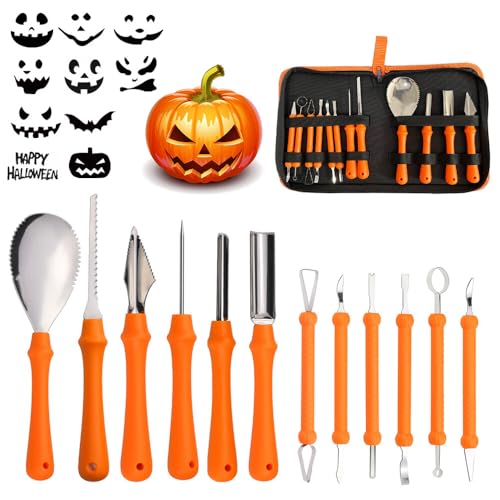 Gobesty Halloween Kürbis Schnitzset, 12 Stück Edelstahl Kürbis Schnitzen Werkzeug, Kürbis Schnitzset mit Tragetasche und Schnitzvorlagen, Kürbis Schnitzmesser für Kinder & Erwachsene