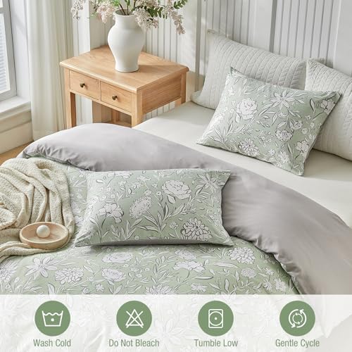 Image of Lekesky Queen Size Duvet Cover Set, Reversible Duvet Cover Queen with White Floral Pattern, Lightweight Soft Microfiber Comforter Cover, 3 Pieces Green Bedding Set with Zipper and 2 Pillowcases