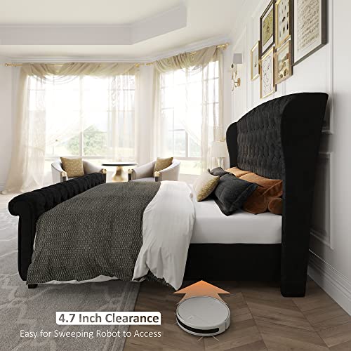 Amerlife King Size Platform Bed Frame, Velvet Upholstered Sleigh Bed With Scroll Wingback Headboard & Footboard/Button Tufted/No Box Spring Required/Easy Assembly/Black #TOP5