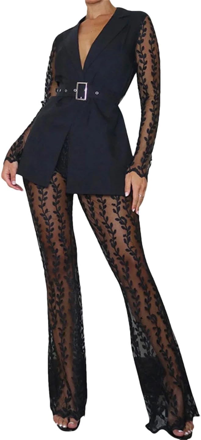 Women Black Mesh Patchwork Two 2 Pieces Sets Blazer Sashes and Sheer See Through Flared Pants