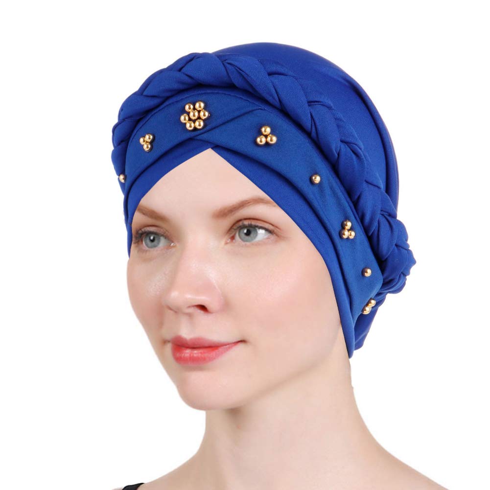 Babahu Women's Royal Blue Chemo Hat Turban Beanie, Pre-Tied Headwraps Headwear Bandana For Hair Loss (Royal Blue)