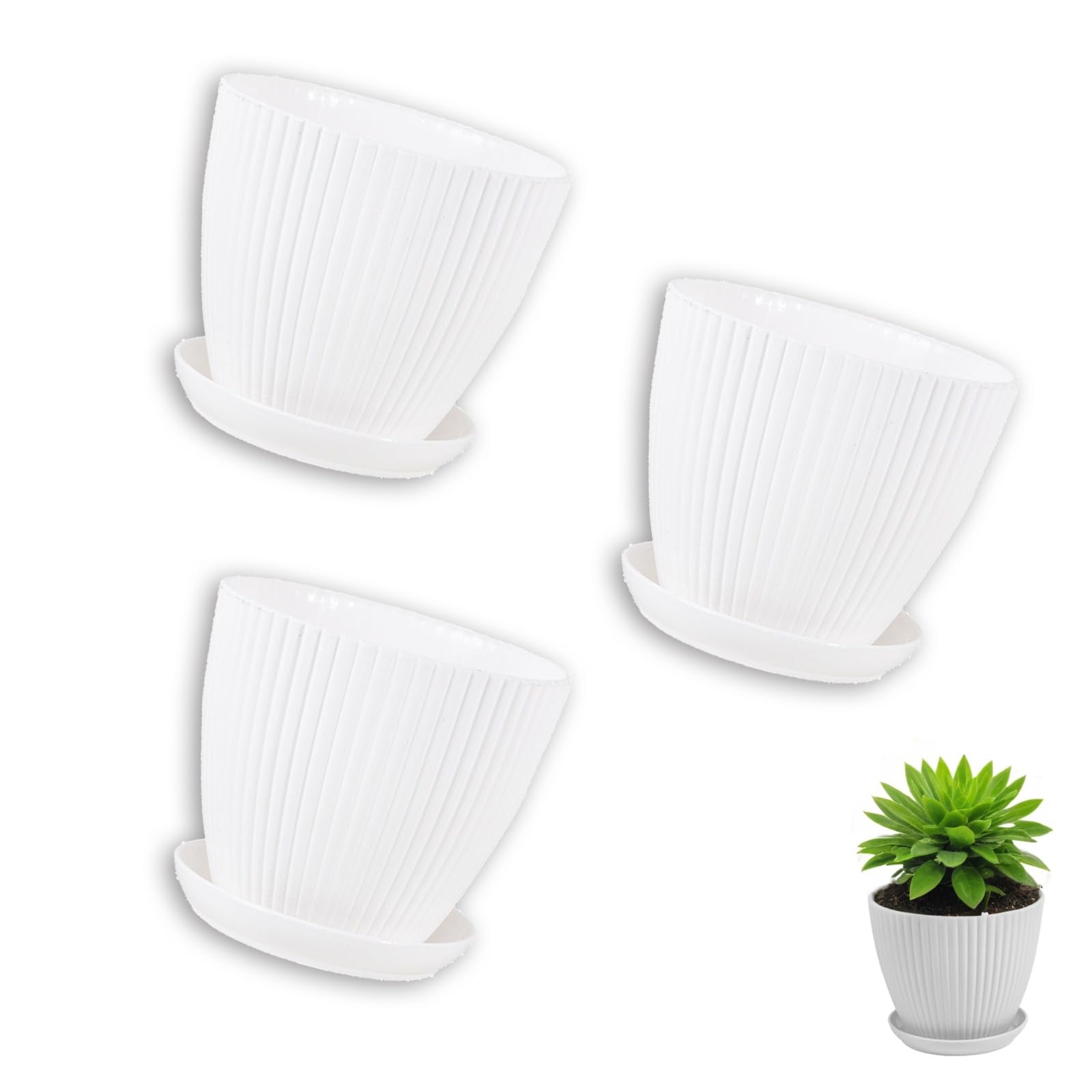 Duomama Modern White Flower Pots - 3 Pack Indoor Planters with Drainage Holes and Tray, Stripe Grooves Design for Stylish Home Decor, Suitable for All Houseplants - 15cm