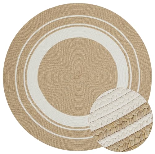 Northrugs Trenzado In- & Outdoor Teppich Rund Wetterfest – Pflegeleicht Handmade-Look für Innen und Außen Gewebter Outdoorteppich Läufer für Balkon, Terrasse, Wohnzimmer, Garten – Creme Beige, ø 200