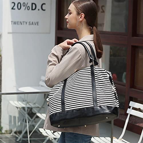 CAMTOP Women Ladies Weekender Travel Bag Canvas Overnight Carry-on Duffel Tote Luggage (Stripe -Black)