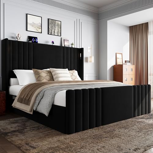 Queen Bed Frame with 55.1" Tall Headboard, Velvet Upholstered Platform Bed with Channel Tufted Wingback, 2 Reading Lights/Storage Shelf/Charging Station/Easy Assembly/Noise-Free, Black Black