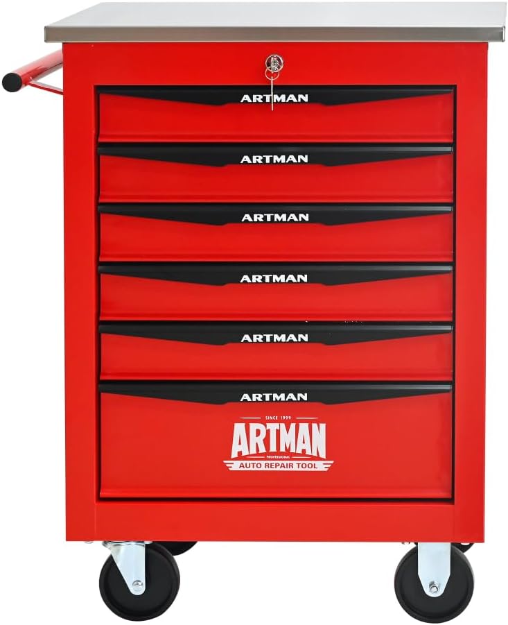 6-Drawer Rolling Tool Cart, Steel Cabinet with Wheels, Red and Black