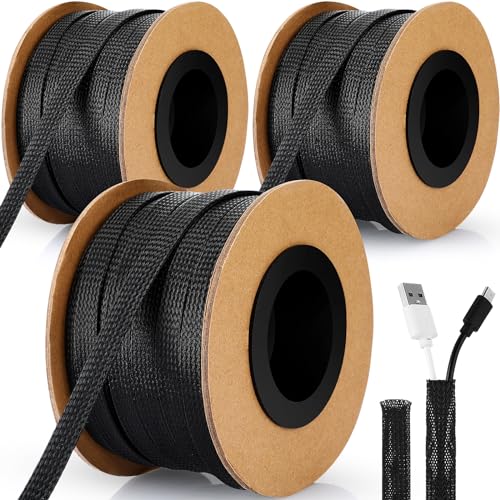 Pangda 300 Feet 1/4, 1/2, 3/8 Inches Wire Loom PET Expandable Braided Sleeving Braided Sleeve for...