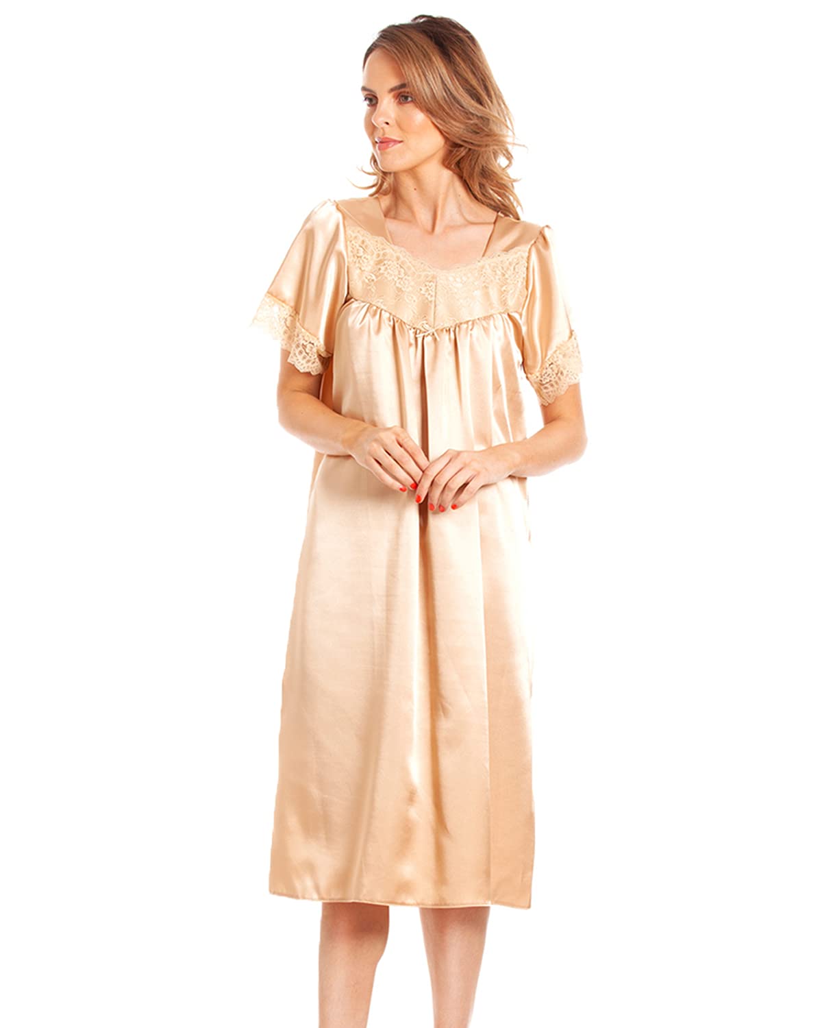 Slumber Hut Women's Gold Satin/Lace Short Sleeve Nightdress Os 18-20