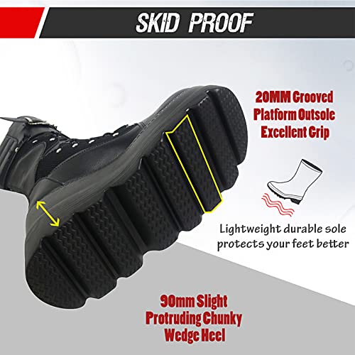 mikarka Womens Holographic Platform Mid Calf Combat Boots Lace Up Wedge Heel Studded Goth Knee High Boots4