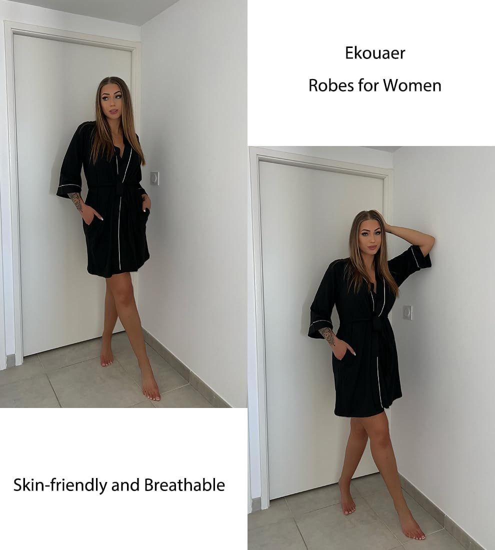 Ekouaer Women Kimono Robes Knee Length Knit Bathrobe Lightweight Soft Sleepwear V-neck Casual Ladies Loungewear - Image 2