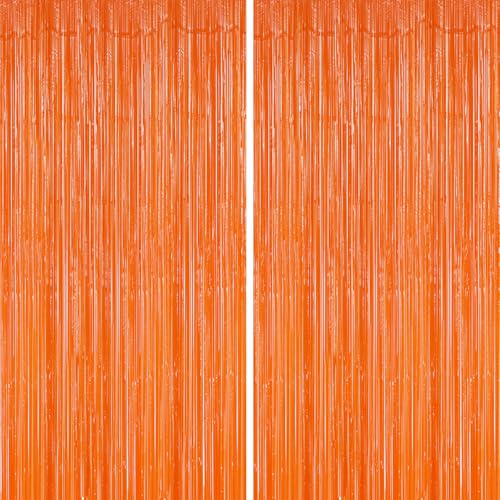 Image of DECOCKRAT 2 Pack Foil Fringe Backdrop - Orange Shiny Tinsel Curtains for Party Decoration /Photo Booth Props - 3.3x6.6 FT Metallic Foil Backdrop for Birthday, Wedding, Graduation, Christmas.