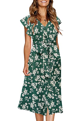 MITILLY Women's Boho Floral Print Flutter Short Sleeve V Neck Button Down Swing Midi Dress with Pockets X-Large Green