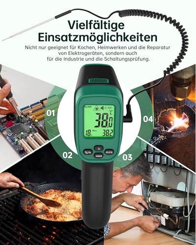 ERICKHILL Infrarot-Thermometer -50°C bis 800°C, berührungsloses digitales Laserthermometer mit -50°C bis 300°C Fleischsonde, einstellbarer Emissionsgrad – geeignet zum Kochen/Grillen/Einfrieren