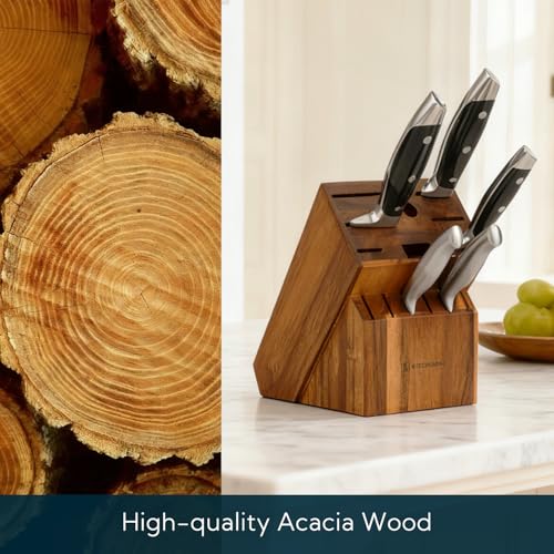KITCHENDAO 14 Slot Acacia Wood Knife Block Without Knives, Universal Knife Holder for Kitchen, Holding Multiple Types of Knives, Countertop Butcher Block Knife Stand for Easy Kitchen Storage by KITCHENDAO - Image 4